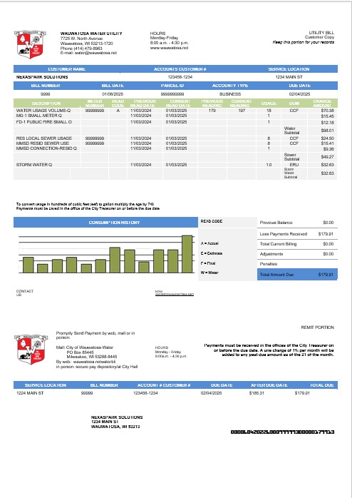 USA Wawatosa Water Utility business utility bill template in Word and PDF formats